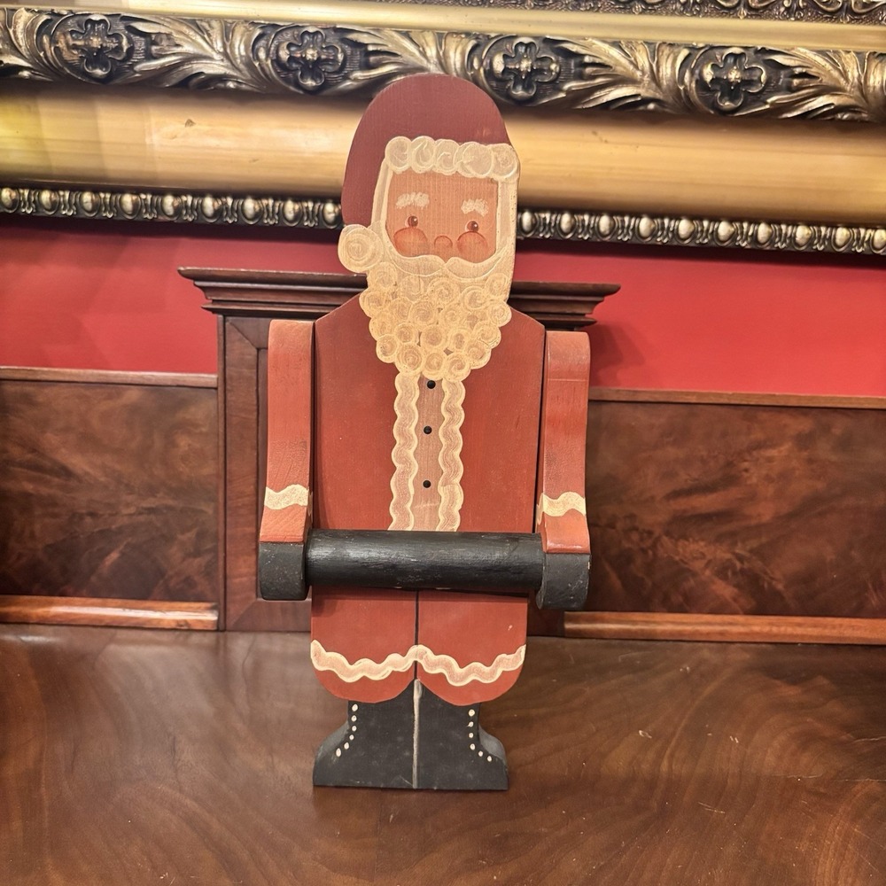 Vintage Wood Santa Toilet Paper Holder Folk Art Christmas Bathroom Decor 13"